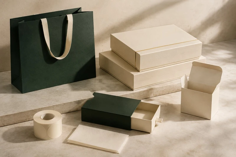 Boîtes sur mesure, sacs en papier et étiquettes vierges coordonnés en ivoire et vert forêt