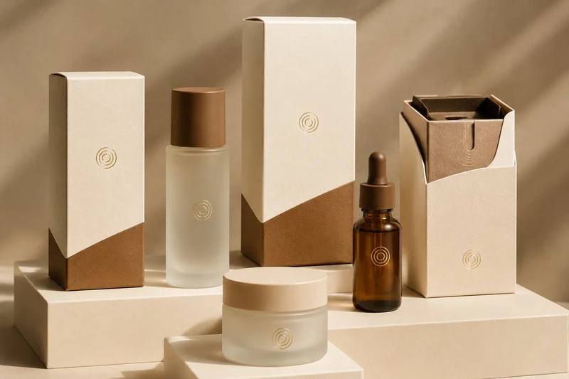Boîtes de soins coordonnées crème et kraft avec étiquettes assorties pour flacons