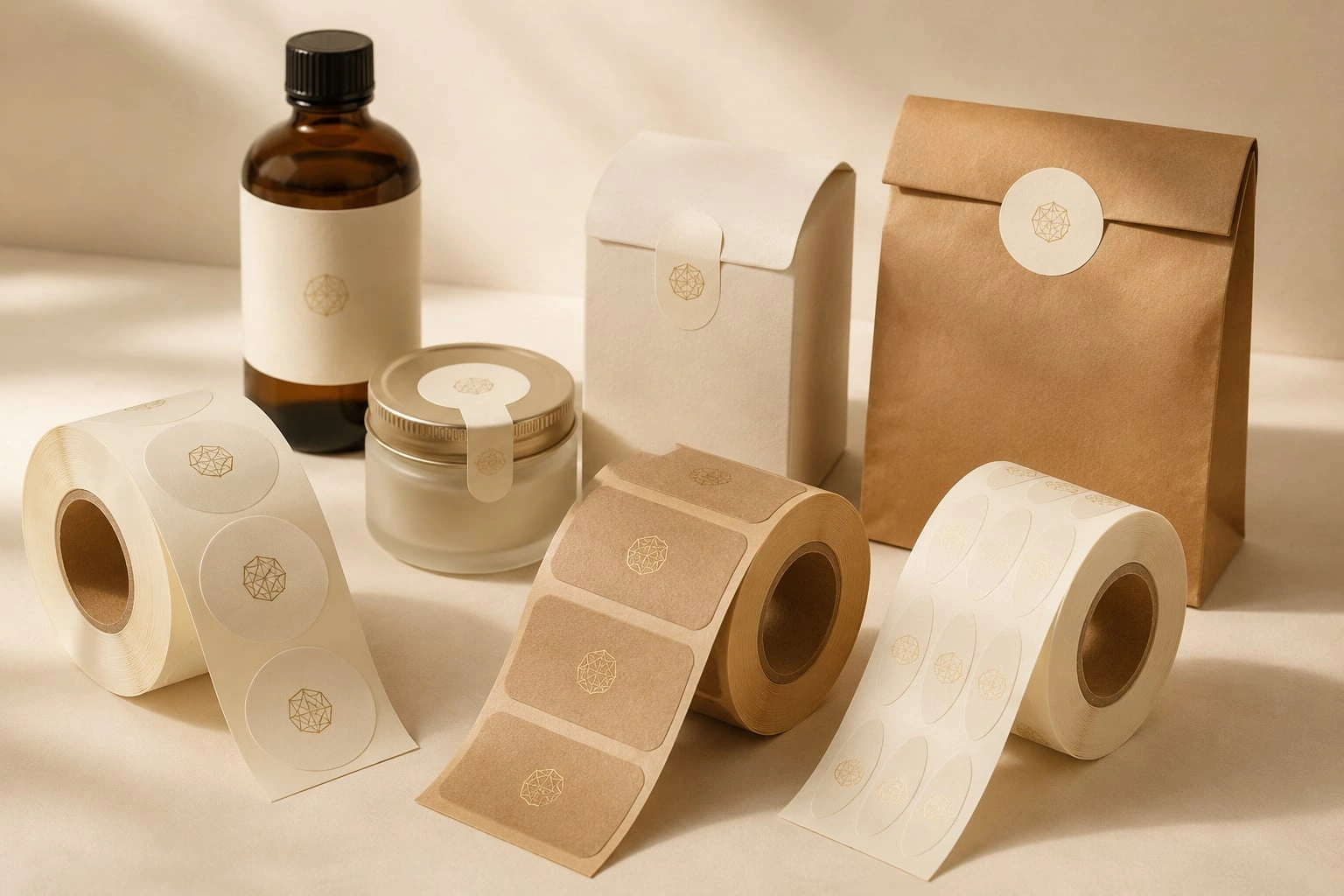 Rouleaux d'étiquettes crème et kraft avec des étiquettes personnalisées assorties sur des bouteilles, des bocaux et des emballages